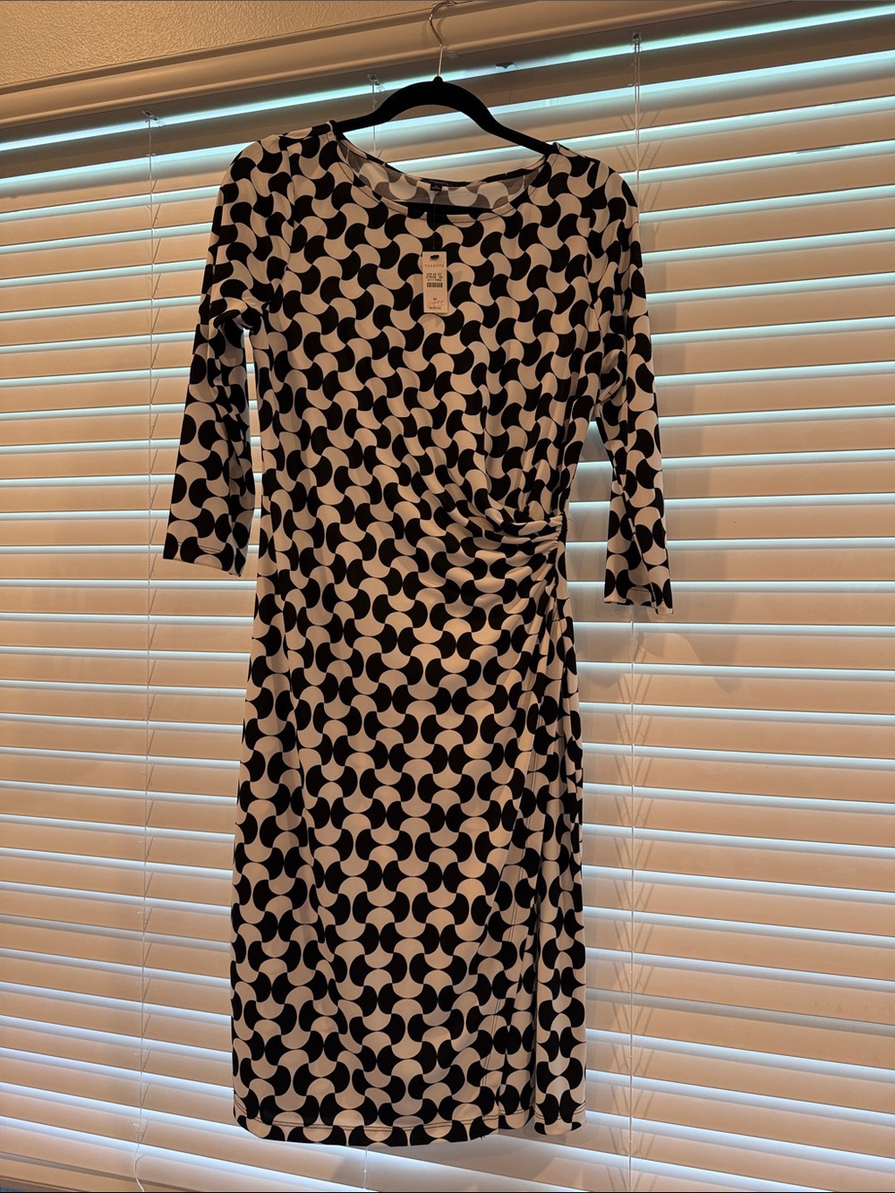Talbots Black and White Geometric Twist-Front Midi Dress